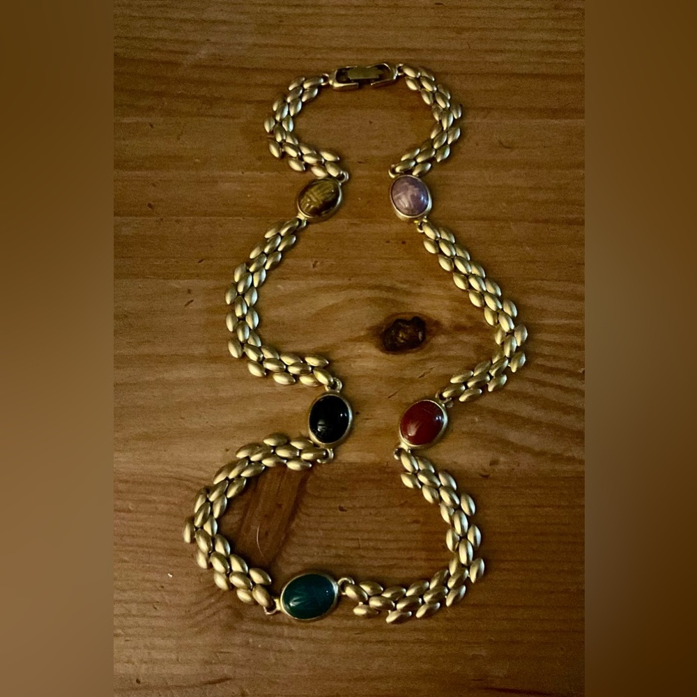 Egyptian revival multi scarabs vintage gold toned about 18 1/2 “inches necklace.